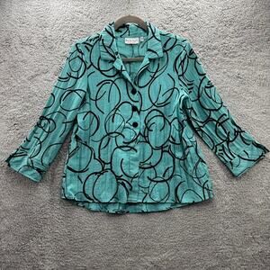 Habitat Clothes to Live in XS Blue Blouse Black Pattern Pleats in Back Buttons